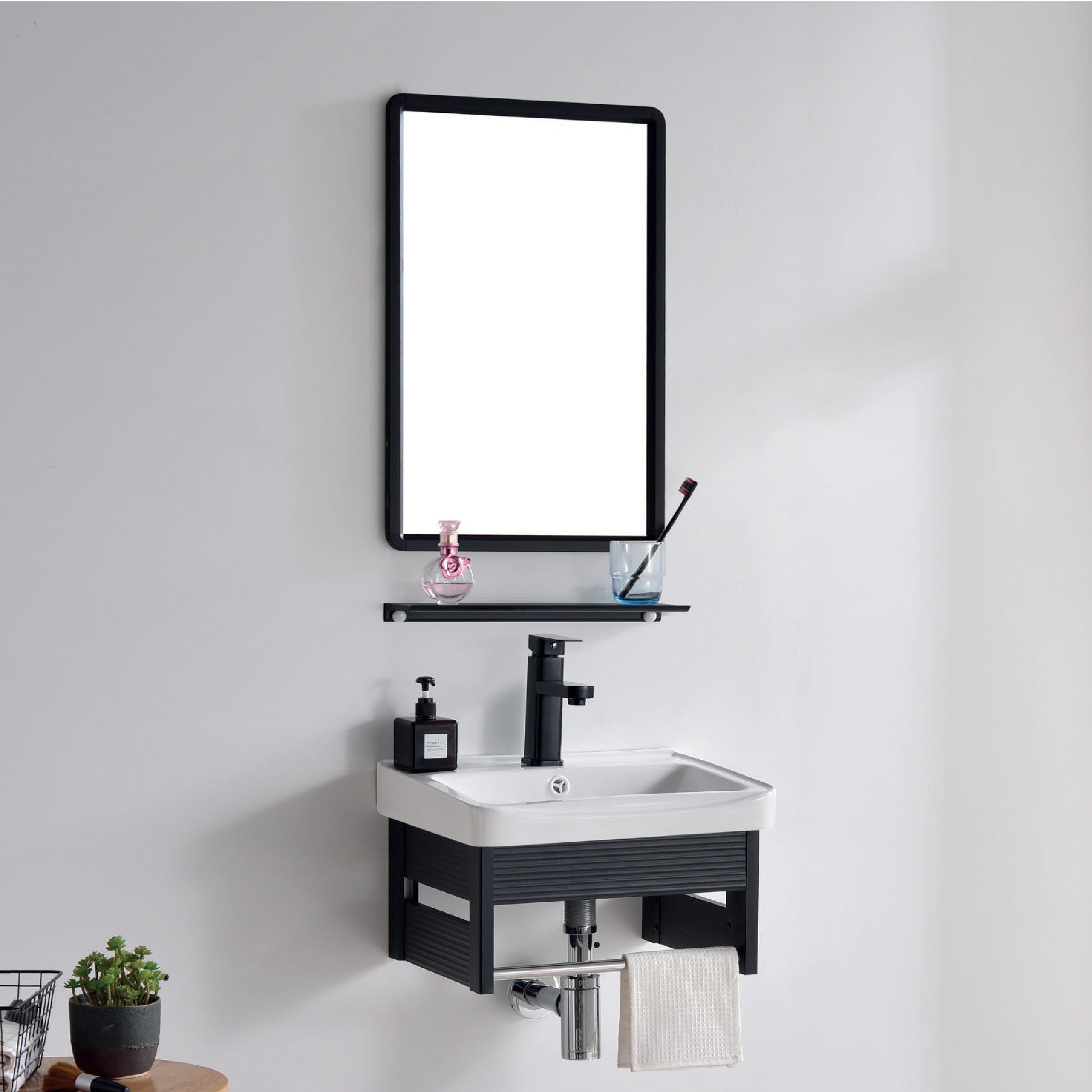 VANITORIO DE ALUMINIO C/REPISA + ESPEJO CUADRADO PS09-4336 NEGRO ECO 43X36CM - FRATELLI